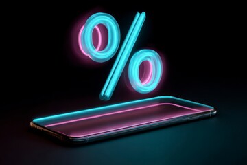 Futuristic smartphone with neon percent symbol in glowing blue and pink colors. Concept of digital sale, mobile shopping, discount and technology.