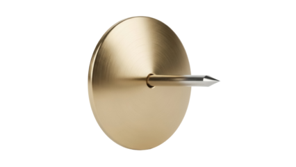 Gold push pin isolated PNG on transparent background, office supply for bulletin boards and cork boards, notice board fastener