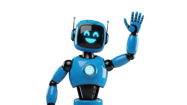 Friendly blue robot waving hand isolated PNG, futuristic technology character on transparent background for digital design and artificial intelligence concepts