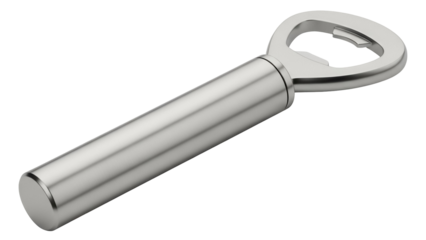 Metal bottle opener isolated PNG on transparent background, sleek silver bar tool for opening beer and soda bottles, kitchen gadget
