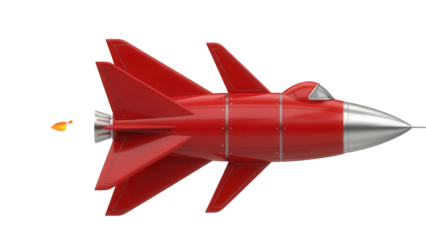 Retro red rocket ship PNG isolated on transparent background, vintage space vehicle with silver nose cone and exhaust flames