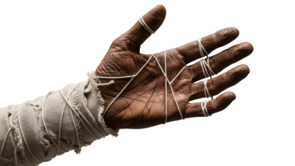 Mummy hand PNG isolated on transparent background, creepy Halloween prop with bandages and aged skin for horror themes