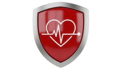 Red shield with heartbeat symbol isolated PNG, health protection and medical insurance concept for graphic design and web use on transparent background