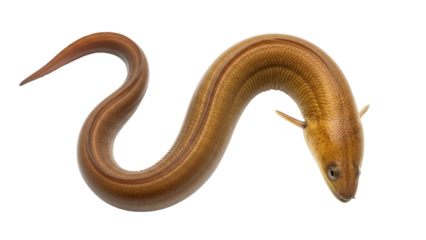 Brown freshwater eel isolated PNG on transparent background, aquatic animal with smooth skin and small fins, wildlife