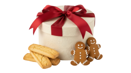 Isolated round gift box with red ribbon next to stack of cookies and gingerbread figures
