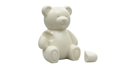Broken teddy bear toy isolated PNG on transparent background, damaged ceramic bear figurine for repair or childhood memories concept