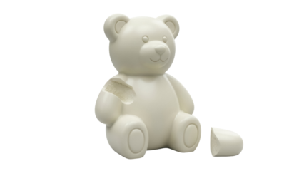 Broken teddy bear toy isolated PNG on transparent background, damaged ceramic bear figurine for repair or childhood memories concept