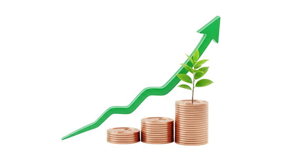 Green arrow and plant growing from coins isolated PNG, symbol of investment growth and financial...