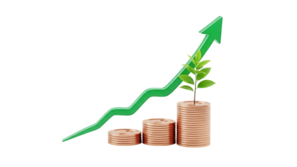 Green arrow and plant growing from coins isolated PNG, symbol of investment growth and financial success on transparent background