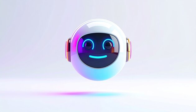 3D rendered, smiling robot head with glowing features and a white orb