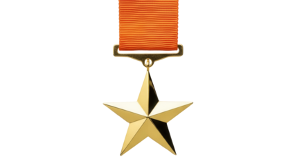 Gold star medal with orange ribbon isolated PNG, award for bravery and achievement on transparent background
