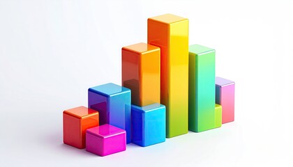 Colorful 3D bar chart rising against a bright white background