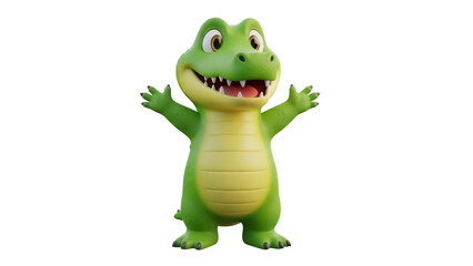 Fototapeta premium Cartoon alligator PNG isolated on transparent background, cute green reptile character with open arms for kids design