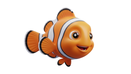 Orange clownfish PNG isolated on transparent background, cute cartoon fish with stripes for kids design and marine life concepts