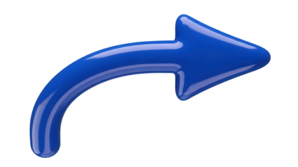 Shiny blue arrow PNG isolated on transparent background, curved right pointing direction indicator for graphic design and web use