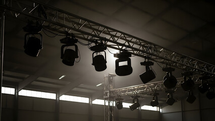 A row of professional stage lights mounted on a metal truss structure illuminates a hazy indoor venue, creating a dramatic atmosphere.