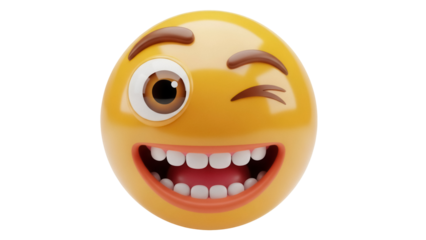 Winking emoji PNG isolated on transparent background, yellow face with one eye open and a big smile for social media and digital communication