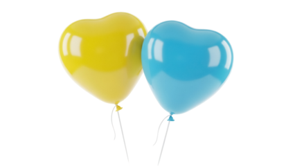 Two heart-shaped balloons PNG isolated, one yellow and one blue on transparent background, love and celebration concept