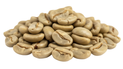 Pile of green coffee beans isolated PNG, unroasted coffee beans for healthy beverage and organic food concepts