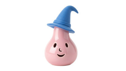 Pink light bulb with a blue wizard hat PNG isolated on transparent background, whimsical design element for creative projects