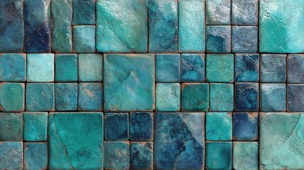 Seamless glossy turquoise aquamarine porcelain stoneware tile wall forming vintage retro yet modern abstract texture, high-sheen glazed ceramic slips arranged in flawless repeat pattern,