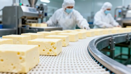 Workers in protective gear are processing cheese blocks on a conveyor belt in a modern food production facility, showcasing the efficiency of dairy manufacturing processes