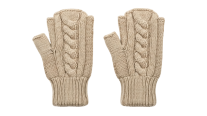 Isolated pair of cable knit fingerless mittens warm winter accessories outdoor wear apparel