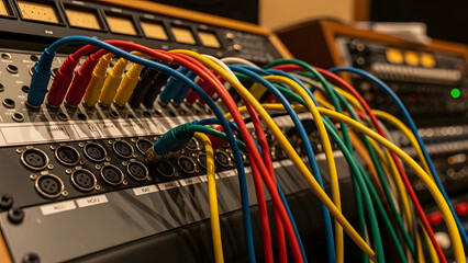 Vibrant multi-colored audio cables connected to a professional sound mixing board and patch panel in a studio environment.