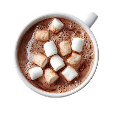 Hot chocolate mug with floating white marshmallows from above, warm comforting transparent background beverage