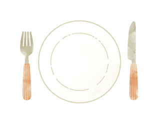 皿とフォークとナイフ-水彩