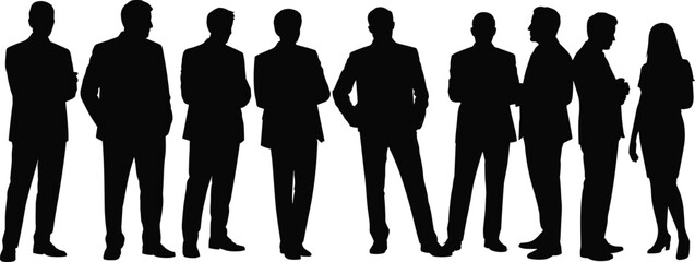 Business silhouettes, professional group, corporate stance, black vector, teamwork icon, formal gesture, isolated graphic, organization pose, leadership moment, office attire