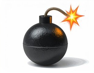 Round black bomb with lit fuse, ready to explode against a white backdrop