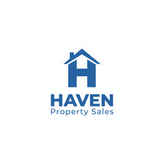 A blue logo for Haven Property Sales featuring a stylized letter H integrated with a house silhouette and roof icon, symbolizing real estate trust