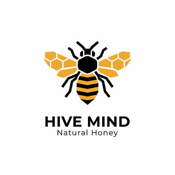 Modern logo for "Hive Mind Natural Honey" featuring a geometric honey bee with honeycomb-patterned wings in black and orange. Clean and professional.