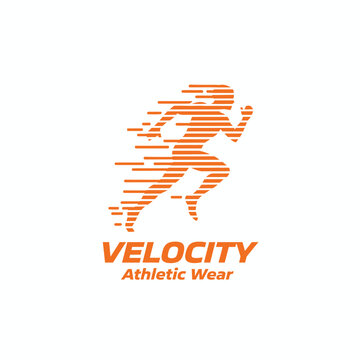 Modern orange logo for Velocity Athletic Wear featuring a dynamic, stylized running figure composed of speed lines to represent fast movement.