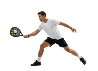 Energetic Male Padel Player Hitting Yellow Ball with Black Racket Isolated on White
