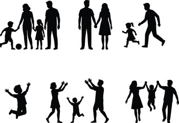 Obraz premium Family interaction silhouettes, black figure icons, playful poses, adult and child clipart, emotional bonding design, isolated vector set