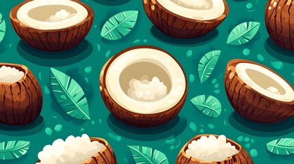 Coconut harvesting action in tropical location digital art vibrant environment bird's eye view