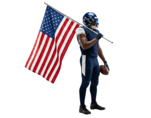 Isolated American Football Player in Dark Blue Uniform Holding USA Flag and Ball