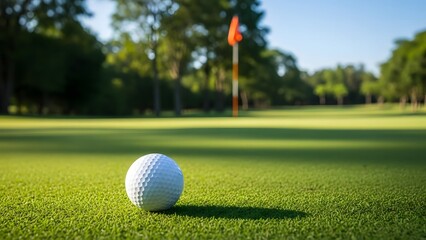 Obraz premium Golf ball on a green course with flag in background