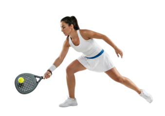 Dynamic female padel tennis player reaching for the shot, isolated on white background