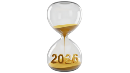 Hourglass with 2026 year in sand isolated on transparent background