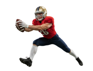 American Football Player in Red Jersey Catching Ball while Jumping, Isolated on White Background