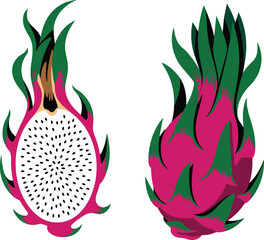 Whole dragon fruit and a halved dragon fruit on a white background pitaya tropical