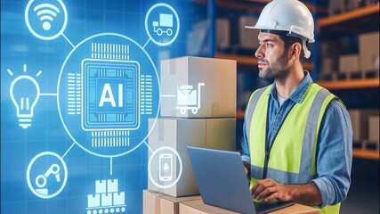Man in safety vest and helmet using laptop in warehouse with digital inventory data, logistics, supply chain, warehouse management, technology to check packages in smart warehouse with AI automation. - Powered by Adobe
