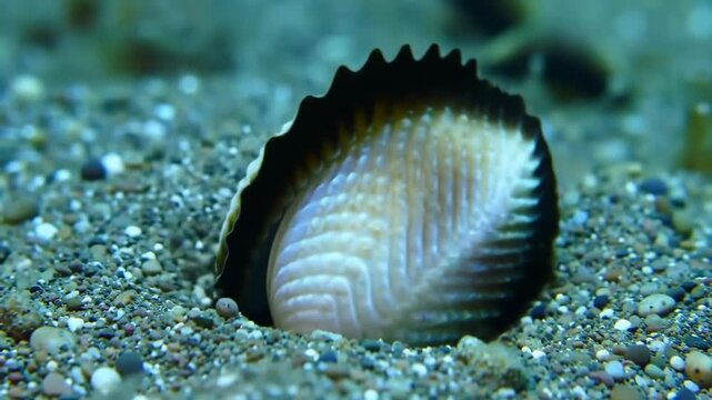 Scallop shell at ocean floor, open.  Underwater environment, showcasing marine life, for educational use