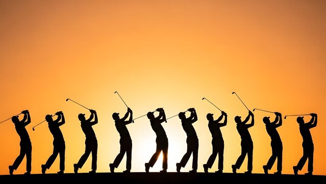 Golfers in motion a series of silhouetted swings at sunset