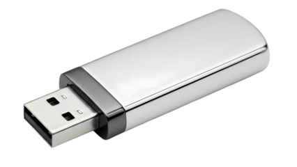 Silver usb flash drive isolated on a transparent background metallic shiny