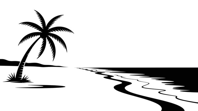 Stylized black and white palm tree and ocean waves, minimalist beach illustration