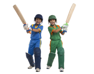 Two happy young boys in cricket uniform holding bats, isolated on white background